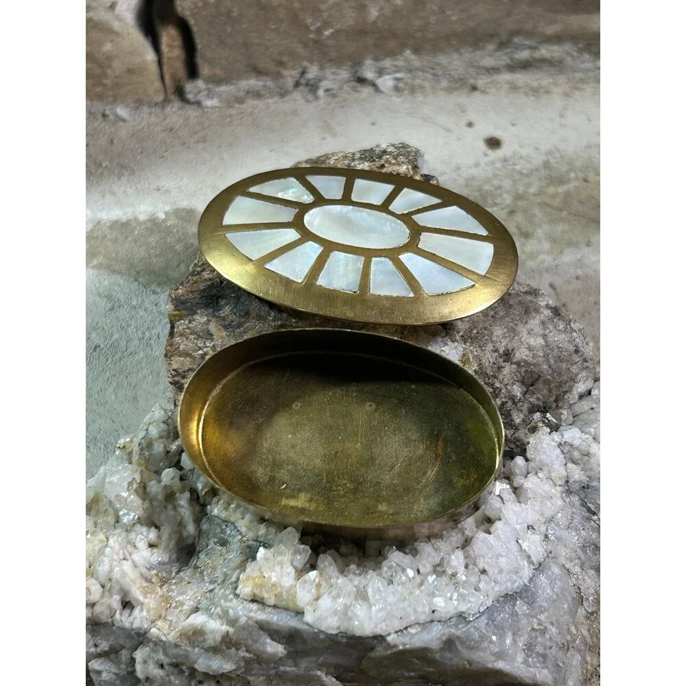 Vintage Brass Mother of Pearl inlay Pill Box beautiful
